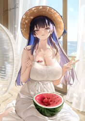  1girl absurdres black_hair blue_eyes blue_hair blue_nails breasts closed_mouth colored_inner_hair cross cross_earrings dress earrings electric_fan food fruit hair_intakes hat highres holding holding_spoon hololive hololive_english indoors jewelry large_breasts long_hair looking_at_viewer lyusiola multicolored_hair necklace ouro_kronii signature sitting smile solo spoon straw_hat sundress two-tone_hair v virtual_youtuber wariza watermelon white_dress 