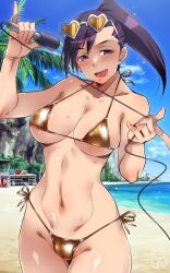  1girl asymmetrical_bangs bare_arms bare_shoulders beach bikini blue_sky blush body_freckles breasts cable commentary_request cowboy_shot day em_(totsuzen_no_hakike) eyewear_on_head freckles gold_bikini groin heart heart-shaped_eyewear hibiki_ran highres holding holding_microphone justice_gakuen large_breasts looking_at_viewer medium_hair micro_bikini microphone navel open_mouth outdoors palm_tree ponytail psd_available purple_eyes purple_hair side-tie_bikini_bottom sky smile solo stomach sunglasses swimsuit tinted_eyewear tree yellow-tinted_eyewear 