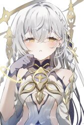  1girl absurdres averting_eyes bare_shoulders black_gloves blush breasts commentary_request genshin_impact gloves grey_hair hair_between_eyes hand_up highres istaroth_(genshin_impact) long_hair medium_breasts parted_lips simple_background sleeveless solo sorani_(kaeru0768) upper_body white_background yellow_eyes 