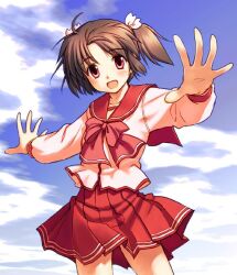  1girl :d blue_sky bow bowtie brown_hair commentary cowboy_shot day floating_hair hair_bow long_sleeves looking_at_viewer open_mouth outdoors outstretched_arms pleated_skirt red_bow red_bowtie red_eyes red_sailor_collar red_skirt sailor_collar school_uniform serafuku shirt short_hair skirt sky smile solo spread_arms tareme to_heart_(series) to_heart_2 twintails white_bow white_shirt yuuki_keisuke yuzuhara_konomi 