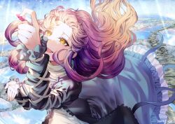  1girl 2025 black_vest blonde_hair cross-laced_clothes dated dress flying frilled_vest frills gradient_hair highres hijiri_byakuren ishikawa_sparerib long_hair looking_up lower_teeth_only multicolored_hair open_mouth purple_hair signature smile solo teeth touhou twitter_username vest white_dress yellow_eyes 