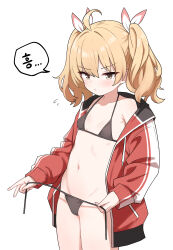 1girl :/ absurdres ahoge bikini black_bikini blonde_hair blue_archive blush breasts brown_eyes closed_mouth collarbone commentary_request cowboy_shot flying_sweatdrops hair_ribbon halterneck highres jacket korean_text legs_together loli long_hair long_sleeves micro_bikini navel no_halo off_shoulder open_clothes open_jacket red_jacket ribbon saho_4545 simple_background single_bare_shoulder small_breasts solo speech_bubble stomach string_bikini swimsuit track_jacket translation_request twintails untied_bikini untied_bikini_bottom white_background yoshimi_(blue_archive) rating:Questionable score:124 user:danbooru