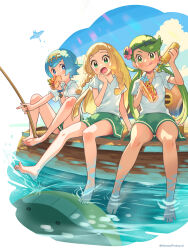 3girls alternate_costume barefoot cosplay food gen_2_pokemon gen_3_pokemon highres kinocopro lana_(pokemon) lass_(pokemon) lass_(pokemon)_(cosplay) lass_(pokemon_sm) lillie_(pokemon) mallow_(pokemon) mantine multiple_girls nintendo pokemon pokemon_sm wailmer water rating:General score:67 user:RIG
