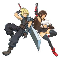  1boy 1girl absurdres arm_up armor armpits baggy_pants bare_shoulders black_gloves black_hair black_skirt black_thighhighs blonde_hair blue_eyes boots breasts brown_gloves brown_hair buster_sword clenched_hands closed_mouth cloud_strife commentary crop_top dattosan english_commentary final_fantasy final_fantasy_vii final_fantasy_vii_rebirth final_fantasy_vii_remake fingerless_gloves full_body gloves highres holding holding_sword holding_weapon large_breasts long_hair looking_at_viewer low-tied_long_hair midriff miniskirt navel open_mouth pants red_boots red_eyes ribbed_sweater short_hair shoulder_armor single_arm_guard single_bare_shoulder skirt sleeveless sleeveless_turtleneck spiked_hair suspender_skirt suspenders sweater sword sword_on_back tank_top thighhighs thighs tifa_lockhart turtleneck turtleneck_sweater uppercut weapon weapon_on_back white_background white_tank_top zettai_ryouiki 