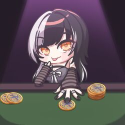  1girl :p black_arm_warmers black_dress black_hair black_nails dress grey_hair highres hololive hololive_english jewelry kkeulna kronii_coin_(meme) long_hair looking_at_viewer meme multicolored_hair ribbon ring shiori_novella shiori_novella_(1st_costume) solo split-color_hair striped_arm_warmers tongue tongue_out virtual_youtuber white_ribbon yellow_eyes 