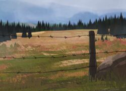  barbed_wire blurry day depth_of_field fence forest grass landscape mountainous_horizon nature original outdoors painterly rock scenery zandra 
