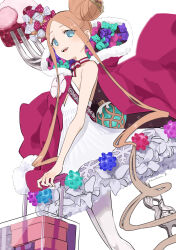  1girl abigail_williams_(fate) abigail_williams_(santa)_(fate) absurdres bare_shoulders blonde_hair blue_eyes bow breasts cloak double_bun dress fate/grand_order fate_(series) forehead fork fur-trimmed_cloak fur_trim giant_fork hair_bow hair_bun highres kawahara long_hair open_mouth pantyhose parted_bangs red_bow red_cloak sash sidelocks small_breasts smile solo stuffed_animal stuffed_toy suitcase teddy_bear thighs tiara very_long_hair white_bow white_dress white_pantyhose 