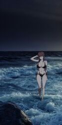  1girl absurdres bikini black_bikini braid braided_ponytail chainsaw_man dusk highres makima_(chainsaw_man) navel ocean one_eye_closed photo_background solo standing swimsuit syrup_shorts wading  rating:Sensitive score:10 user:Hullyen