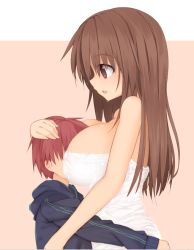 1boy 1girl age_difference between_breasts breast_smother breasts brown_eyes brown_hair denpaken_pochi head_between_breasts hetero hood hoodie hug large_breasts long_hair naked_towel original pochi_(potihouse) red_hair short_hair towel wet rating:Questionable score:66 user:danbooru