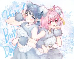 2girls animal_ears antenna_hair black_hair blush bow breasts cat_ears cat_girl cosplay dress fake_animal_ears fur_trim hair_bow hair_bun hair_ornament happy_birthday highres holding holding_weapon kami_nomi_zo_shiru_sekai looking_at_viewer multiple_girls nakagawa_kanon open_mouth paw_pose pink_eyes pink_hair pyon-kichi ribbon short_hair sleeveless sleeveless_dress smile solo stun_gun touyama_nao upper_body weapon 
