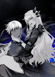  1boy 1girl absurdres bangle blue_eyes body_markings bracelet breasts dragon_girl dragon_tail dress earrings embroidery fate/grand_order fate_(series) frilled_dress frills fur_trim gradient_background greyscale hair_between_eyes hand_on_another&#039;s_cheek hand_on_another&#039;s_face highres indra_(fate) jewelry lightning_bolt_symbol long_hair looking_at_another loolook medium_breasts monochrome open_mouth phanta short_hair sidelocks sitting sitting_on_lap sitting_on_person smile smoke spot_color tail teeth vritra_(fate) yellow_eyes 