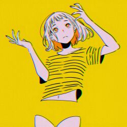 1girl absurdres blending blonde_hair chromatic_aberration firework_japan highres navel original panties sanding shirt short_hair solo striped_clothes striped_shirt underwear yellow_background yellow_panties yellow_shirt