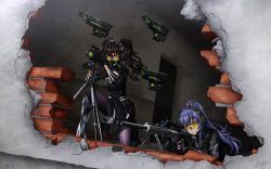  2girls aiming alternate_costume alternate_hairstyle anti-materiel_rifle azur_lane barrett_m82 bipod black_dress black_footwear black_gloves black_hair blue_hair boots breasts broken_wall brown_eyes brown_hair bulletproof_vest camouflage camouflage_jacket camouflage_pants closed_mouth commentary commission crossover dress drone ear_protection english_commentary essex_(azur_lane) fingerless_gloves fingernails floating floating_object floating_weapon girls&#039;_frontline gloves gun headset high_ponytail highres interior jacket kneeling long_hair long_sleeves lying mask medium_breasts medium_hair military multiple_girls muzzle_device on_stomach pants ponytail range_finder respirator rifle sangvis_ferri scarecrow_(girls&#039;_frontline) scope sidelocks signature sniper_rifle tinted_eyewear tripod twintails urban_camouflage weapon yellow-tinted_eyewear zero_(73ro) 