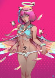  2boys absolum_art absurdres angel angel_wings atlus black_hair blue_eyes bulge catherine:_full_body catherine_(game) halo highres horns looking_at_viewer male_focus multiple_boys navel necktie panties pink_background pink_hair rin_(catherine) sailor_collar sheep sheep_horns short_hair simple_background sleeveless stomach torn_clothes trap underwear vincent_brooks white_panties wings 