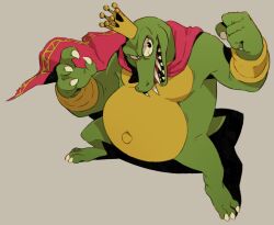  1boy bloodshot_eyes cape claws colored_skin crocodilian crown donkey_kong_(series) donkey_kong_country fangs furry furry_male green_skin grey_background harrisonhbright king_k._rool nintendo red_cape simple_background 