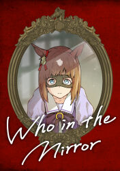  1girl animal_ears black_mask blue_eyes bow bowtie brown_hair collarbone comiket_106 commentary_request cover cover_page domino_mask ear_ornament ear_ribbon english_text genderswap genderswap_(mtf) goripan highres horse_ears horse_girl looking_at_viewer mask medium_hair mirror original personification puffy_short_sleeves puffy_sleeves purple_bow purple_bowtie reflection sailor_collar school_uniform screen_hero_(racehorse) short_sleeves solo summer_uniform tracen_school_uniform umamusume upper_body white_hair white_sailor_collar 