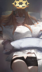 1girl absurdres alternate_costume animal_ear_fluff animal_ears black_shorts blue_archive blue_eyes blush cat-shaped_pillow cat_ears cat_girl flower hair_between_eyes hair_flower hair_ornament head_on_pillow highres kyatto-mikazu long_hair looking_at_viewer lying mari_(blue_archive) on_back open_clothes open_shorts orange_hair parted_lips pillow shirt short_shorts shorts sidelocks solo wavecat_(blue_archive) white_flower white_shirt 