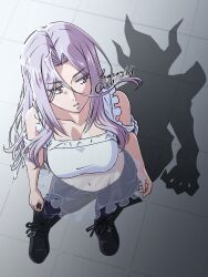  1girl bare_shoulders baron_(varon666) black_pants breasts cropped_shirt different_shadow from_above full_body fuuto_tantei highres joker_dopant kamen_rider kamen_rider_w large_breasts long_hair navel pants purple_eyes purple_hair shirt signature solo standing tokime_(fuuto_tantei) white_shirt 