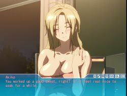 1boy 1girl 2010s 2011 age_difference barefoot blonde_eyebrows blonde_hair blue_eyes blush breasts cleavage dresser feet female_focus fingernails game game_cg highres huge_breasts indoors interior kamimura_akiko keisuke_(sisters) leaves long_hair mature_female mirror naked_towel older_woman_and_younger_man orange_towel sisters_~natsu_no_saigo_no_hi~ sky smile smiley_face solo step-incest stepmother stepmother_and_stepson toenail toenails toes towel tree visual_novel water water_drop wet_breasts window