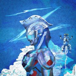  1boy alien armor artist_name blue_skin blue_sky breastplate clenched_hands cloud cloudy_sky color_timer colored_skin commentary compound_eyes dorsal_fin flying from_side glowing glowing_eyes hands_up hashtag-only_commentary highres legs_apart looking_ahead male_focus mecha midair multicolored_skin obakelope0530 outdoors parody pectorals red_skin robot sevenger shin_ultraman shoulder_armor shoulder_pads silver_armor silver_skin sky solo_focus tokusatsu toned toned_male ultra_series ultraman_z ultraman_z_(original) ultraman_z_(series) upper_body white_eyes yellow_eyes 