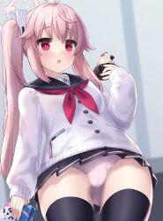 1girl :o ahoge arm_at_side black_sailor_collar black_skirt black_thighhighs blue_archive blush bow bow_panties bright_pupils buttons cake cardigan cellphone commentary_request cowboy_shot crotch_seam cupcake dutch_angle emblem food from_below hair_over_shoulder halo hand_up highres holding holding_cake holding_food holding_juice_box juice_box ktsecond loli long_sidelocks long_sleeves looking_at_viewer looking_down miniskirt natsu_(blue_archive) neckerchief panties pantyshot parted_lips phone phone_in_pocket pink_eyes pink_hair pink_halo pink_panties pleated_skirt pocket red_neckerchief sailor_collar school_uniform serafuku side_ponytail sidelocks skirt smartphone solo standing thighhighs underwear upskirt white_cardigan white_pupils zettai_ryouiki