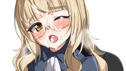  1girl ass black_pantyhose blonde_hair blush cum cum_in_mouth cum_on_body facial glasses highres loli long_hair looking_at_viewer military_uniform momendoufu neckerchief one_eye_closed open_mouth panties panties_under_pantyhose pantyhose perrine_h._clostermann simple_background solo strike_witches underwear white_background white_neckerchief white_panties world_witches_series yellow_eyes 