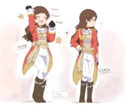 1girl arm_up arrow_(symbol) ascot black_gloves blush boots bow brown_boots brown_hair closed_eyes closed_mouth coat dancing english_text epaulettes flower_symbol full_body gloves hutaba idolmaster idolmaster_million_live! idolmaster_million_live!_theater_days kitazawa_shiho long_hair long_sleeves looking_to_the_side multiple_views open_mouth opera_seria_kiramekiza pants red_coat standing waist_bow white_ascot white_pants