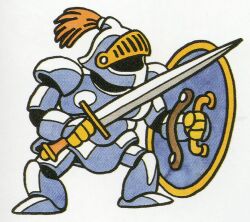  armor asymmetrical_dual_wielding creature creature_focus dragon_quest dual_wielding full_body grey_armor holding holding_shield holding_sword holding_weapon no_humans official_art plume restless_armour scan shield sword third-party_source toriyama_akira weapon white_background 