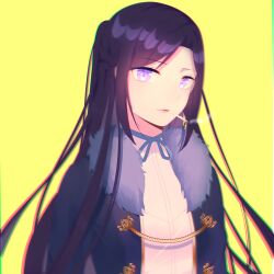  1girl absurdres aiguillette black_hair blue_coat blue_ribbon braid chinese_commentary cigarette coat commentary_request expressionless fur-trimmed_coat fur_trim half_up_half_down_braid highres kirina_zero lipstick long_hair looking_at_viewer makeup military_uniform mouth_hold neck_ribbon open_clothes open_coat original parted_bangs parted_lips pink_lips purple_eyes ribbon shirt simple_background smoke smoking solo upper_body very_long_hair white_shirt yellow_background 