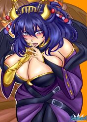  1girl absurdres ao_no_kiseki artist_logo blue_hair breasts bridal_gauntlets cleavage commentary commission cosplay crown demon_horns demon_wings digimon double-parted_bangs eiyuu_densetsu english_commentary gauntlets hair_between_eyes hair_rings highres horns large_breasts lilithmon lilithmon_(cosplay) logo purple_eyes rixia_mao seralalaaa single_bridal_gauntlet single_gauntlet solo wings zero_no_kiseki 