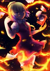  1girl absurdres bad_apple!! blonde_hair book breasts charno cowboy_shot female_focus fire formal_clothes frilled_thighhighs frills highres magic miniskirt necktie original puffy_short_sleeves puffy_sleeves short_hair short_sleeves skirt skirt_suit small_breasts solo standing suit thighhighs topknot touaoii_(touhou) touhou vest xereane yellow_necktie zettai_ryouiki 