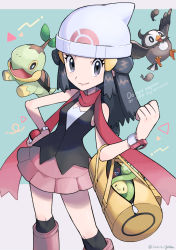  1girl beanie black_shirt boots bracelet budew clenched_hand closed_mouth commentary_request dawn_(pokemon) eyelashes gen_4_pokemon grey_eyes hand_up hat heart holding holding_poke_ball janis_(hainegom) jewelry knees long_hair looking_at_viewer nintendo over-kneehighs poke_ball poke_ball_(basic) pokemon pokemon_(creature) pokemon_dppt red_scarf scarf shirt skirt sleeveless sleeveless_shirt smile starly thighhighs turtwig white_headwear  rating:Sensitive score:8 user:danbooru