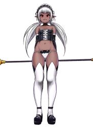  1girl breasts crop_top dark-skinned_female dark_elf dark_skin detached_sleeves elf full_body holding holding_staff long_hair low_twintails maid_headdress mary_janes navel original panties pointy_ears red_eyes shoes small_breasts smile solo staff straight-on thighhighs transparent_background twintails underwear white_hair yggsil 