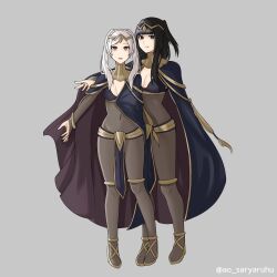 2girls ao_saryaruhu artist_name black_bra black_eyes black_hair black_nails bodysuit bra breasts cleavage_cutout cloak clothing_cutout cosplay covered_navel covering_breasts covering_privates female_focus fingernails fire_emblem fire_emblem_awakening friends full_body happy height_difference high_heels highres hime_cut intelligent_systems jewelry knees large_breasts legs light_blush light_smile loincloth long_hair looking_at_viewer matching_hair/eyes medium_breasts multiple_girls nail_polish nintendo open_mouth outstretched_arm parted_lips revealing_clothes robin_(female)_(fire_emblem) robin_(fire_emblem) see-through_bodysuit see-through_clothes short_twintails sidelocks simple_background smile standing swept_bangs tharja_(fire_emblem) tharja_(fire_emblem)_(cosplay) thighlet thighs tiara tongue tongue_out twintails underwear white_hair
