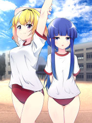 2girls aged_up arms_behind_back arms_up blonde_hair blue_hair blunt_bangs breasts building buruma cloud furude_rika gluteal_fold gym_uniform hairband hazumi_otoya highres higurashi_no_naku_koro_ni houjou_satoko long_hair multiple_girls outdoors ponytail purple_eyes red_buruma shirt short_hair short_sleeves sky smile stretching thigh_gap thighs white_shirt rating:Sensitive score:46 user:danbooru