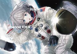  1girl :o american_flag artist_name astronaut badge blue_eyes cloud commentary diffraction_spikes dot_nose earth_(planet) english_commentary english_text floating floating_hair gloves grey_hair helmet idolmaster idolmaster_shiny_colors in_orbit isana_(isana9075) lens_flare logo looking_at_viewer lower_teeth_only name_tag nasa_logo open_mouth planet salute serizawa_asahi short_hair solo space space_helmet spacesuit stratosphere teeth unworn_gloves unworn_headwear unworn_helmet vulcan_salute 