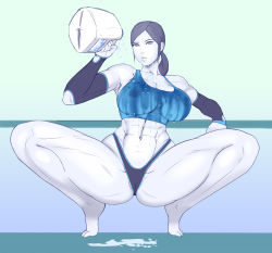  1girl abs aka6 armpits ass barefoot breasts cameltoe female_focus highres huge_ass huge_breasts large_breasts milk muscular muscular_female navel nintendo shirt solo spread_legs squatting thick_thighs thighs thong wet wet_clothes wet_shirt whale_tail_(clothing) wii_fit_trainer wii_fit_trainer_(female)  rating:Questionable score:106 user:luls