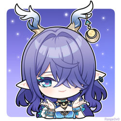  1girl antlers blue_background blue_eyes border closed_mouth commentary earrings genshin_impact hair_over_one_eye hands_up horns jewelry jiu_fanglianhua lauma_(genshin_impact) long_hair looking_at_viewer pointy_ears purple_hair single_earring smile solo white_border 