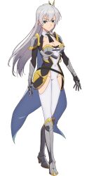  1girl allucia_citrus aqua_eyes armor armored_dress armored_skirt black_necktie breastplate breasts cleavage cloak closed_mouth covered_navel dress expressionless full_body gauntlets greaves grey_hair hair_ornament hayasato_satsuki high_heels jitome katainaka_no_ossan_kensei_ni_naru large_breasts leotard long_hair long_sleeves looking_at_viewer necktie official_art shoulder_armor simple_background standing stiletto_heels straight_hair tachi-e transparent_background very_long_hair white_cloak white_leotard 