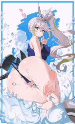  1girl :o absurdres artist_name ass barefoot blue_one-piece_swimsuit blush bow_hairband breasts commentary_request competition_swimsuit covering_crotch covering_privates feet flip-flops floating_hair girls&#039;_frontline girls&#039;_frontline_2:_exilium green_eyes green_hair grey_hair hair_between_eyes hairband heart highres large_breasts long_hair looking_at_viewer looking_back multicolored_hair nike_(nike1060) official_alternate_costume one-piece_swimsuit paid_reward_available parted_lips partially_visible_vulva sandals sharkry_(girls&#039;_frontline_2) sharkry_(swimsuit_idol)_(girls&#039;_frontline_2) shoe_loss side_ponytail soles solo standing standing_on_one_leg star-shaped_pupils star_(symbol) streaked_hair swimsuit symbol-shaped_pupils toes two-tone_hair very_long_hair water wedgie white_hairband 