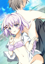  1boy 1girl back-to-back bikini blue_sky blush breasts brown_hair cleavage hair_ornament hairclip highres minakami_yukito natane_tsuyu navel otonashi_ayana pink_hair purple_bikini purple_eyes short_hair sky smile swimsuit tsui_no_sora tsui_no_sora_(remake) 