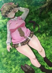  1girl anime_coloring belly black_socks bow breasts brown_hair commentary crescent crescent_hair_ornament eroartdraw fat fat_woman grass green_eyes hair_bow hair_ornament hairclip half-closed_eye highres large_breasts lying medium_breasts miniskirt on_back one_eye_closed original pink_bow pink_sweater_vest plaid_clothes plaid_skirt pleated_skirt plump ponytail rubbing_eyes shiny_skin shirt shoes skirt socks squirrel sweater_vest thick_thighs thighs tree tree_shade unworn_shoes white_shirt 