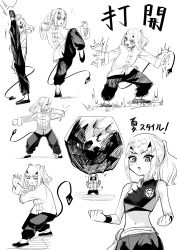  1girl absurdres belt black_pants blush breasts button_knot changpao chibi chinese_clothes clenched_hands cropped_shirt dragon_tail fate/grand_order fate_(series) fighting_stance greyscale hand_up highres kung_fu leg_up long_hair long_sleeves looking_at_viewer mandarin_collar martial_arts martial_arts_belt mask melusine_(fate) monochrome mor_(morfowfow) multiple_views pankou pants ponytail rock shanghai_neckline sidelocks small_breasts smile solo tail tangzhuang training white_background white_hair 