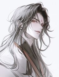  1boy absurdres bishounen black_hair black_hanfu chinese_clothes coat curly_hair facial_mark fang forehead_mark hanfu highres long_hair looking_at_viewer luo_binghe male_focus parted_lips portrait red_eyes renzha_fanpai_zijiu_xitong simple_background smile solo upper_body white_background white_coat young57440489 