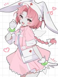  1girl absurdres ahoge animal_ears blush_stickers bracelet braid checkered_background collared_dress cowboy_shot cross cross_print curtained_hair dress fake_animal_ears fang first_aid_kit gloves hat heart highres jewelry long_hair looking_at_viewer lop_rabbit_ears magical_girl myomuron nakahara_komugi name_tag notice_lines nurse nurse_cap nurse_witch_komugi-chan open_mouth pink_dress pink_eyes pink_hair rabbit_ears short_sleeves single_braid skin_fang smile solo standing two_side_up white_gloves 