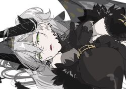  1girl babydoll bare_shoulders black_babydoll black_hands breasts cleavage colored_extremities crossed_bangs demon_girl demon_horns detached_collar earrings fate/grand_order fate_(series) feathered_wings fur_trim green_eyes grey_hair hair_between_eyes highres horns jewelry lace_trim large_breasts lilith_(fate) lilith_(third_ascension)_(fate) long_hair long_sleeves looking_at_viewer lying on_back open_mouth pointy_ears puffy_long_sleeves puffy_sleeves ri_o_ne_su solo very_long_hair wings 