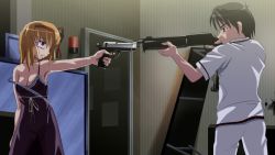  1boy 1girl crazy fuyou_kaede gun handgun mexican_standoff parody pistol sanshita shotgun shuffle! tsuchimi_rin weapon yandere  rating:Sensitive score:19 user:danbooru