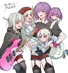  5girls bang_dream! bang_dream!_it&#039;s_mygo!!!!! black_hoodie black_shirt black_thighhighs blue_hairband blue_shirt blush carrying carrying_person child commentary drumsticks earrings electric_guitar fang garter_straps green_hair guitar hairband hashtag-only_commentary hat hero45439083942 highres holding holding_drumsticks holding_guitar holding_instrument hood hoodie if_they_mated instrument jewelry long_hair medium_hair mother_and_daughter multiple_girls one_eye_closed open_mouth piggyback pink_eyes purple_hair red_eyes red_hat red_shorts science_babies shirt short_sleeves shorts smile squeans sweatdrop thighhighs translation_request wakaba_mutsumi yellow_eyes yuri yuutenji_nyamu 