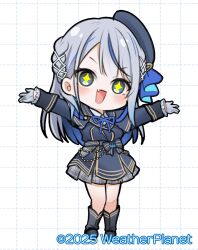  +_+ 1girl :d amagai_ruka black_boots blue_hair blue_ribbon blush boots braid chibi collared_shirt commentary_request copyright_name dotted_line fang frilled_sleeves frills full_body gloves grey_eyes grey_gloves grey_hair grey_jacket grey_skirt grid_background half_gloves highres jacket kadose_ara long_hair multicolored_hair neck_ribbon open_mouth outstretched_arms plaid_clothes plaid_skirt pleated_skirt ribbon shirt skirt smile solo spread_arms standing streaked_hair two-tone_hair v-shaped_eyebrows very_long_hair virtual_youtuber weather_planet white_background white_shirt 