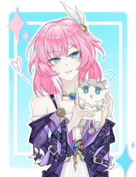  1girl ? animal animalization blue_background blue_eyes border chimera_(honkai:_star_rail) chinese_commentary coat commentary_request cyrene_(honkai:_star_rail) dress hair_ornament heart highres holding holding_animal honkai:_star_rail honkai_(series) jewelry jingjingdikanzheniqaq looking_at_viewer medium_hair multicolored_hair necklace phainon_(honkai:_star_rail) pink_hair pink_pupils purple_coat two-tone_hair white_border white_dress white_hair 